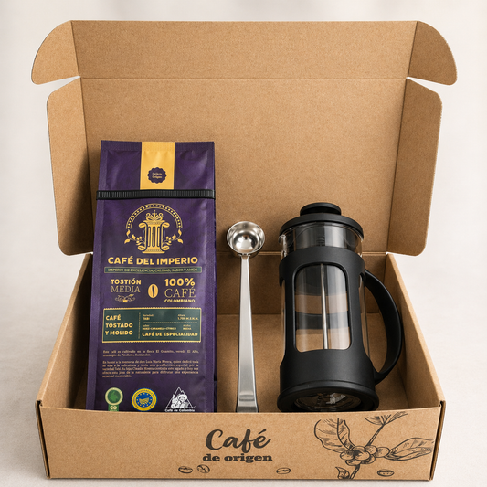 Kit prensa (350 ml), cuchara y café de especialidad (340 gramos)